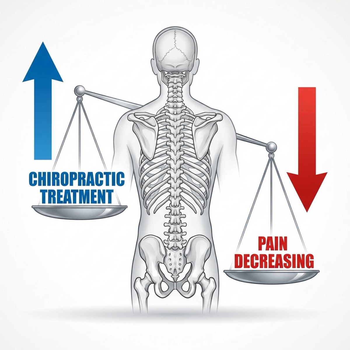 Diagram of a spine on scales: chiropractic treatment up, pain decreasing